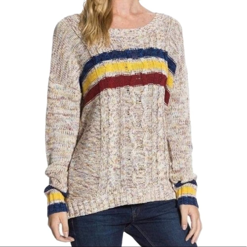 Roxy Blue Yellow Red Fisherman Cable Knit Sweater Size Small Striped - Picture 1 of 12
